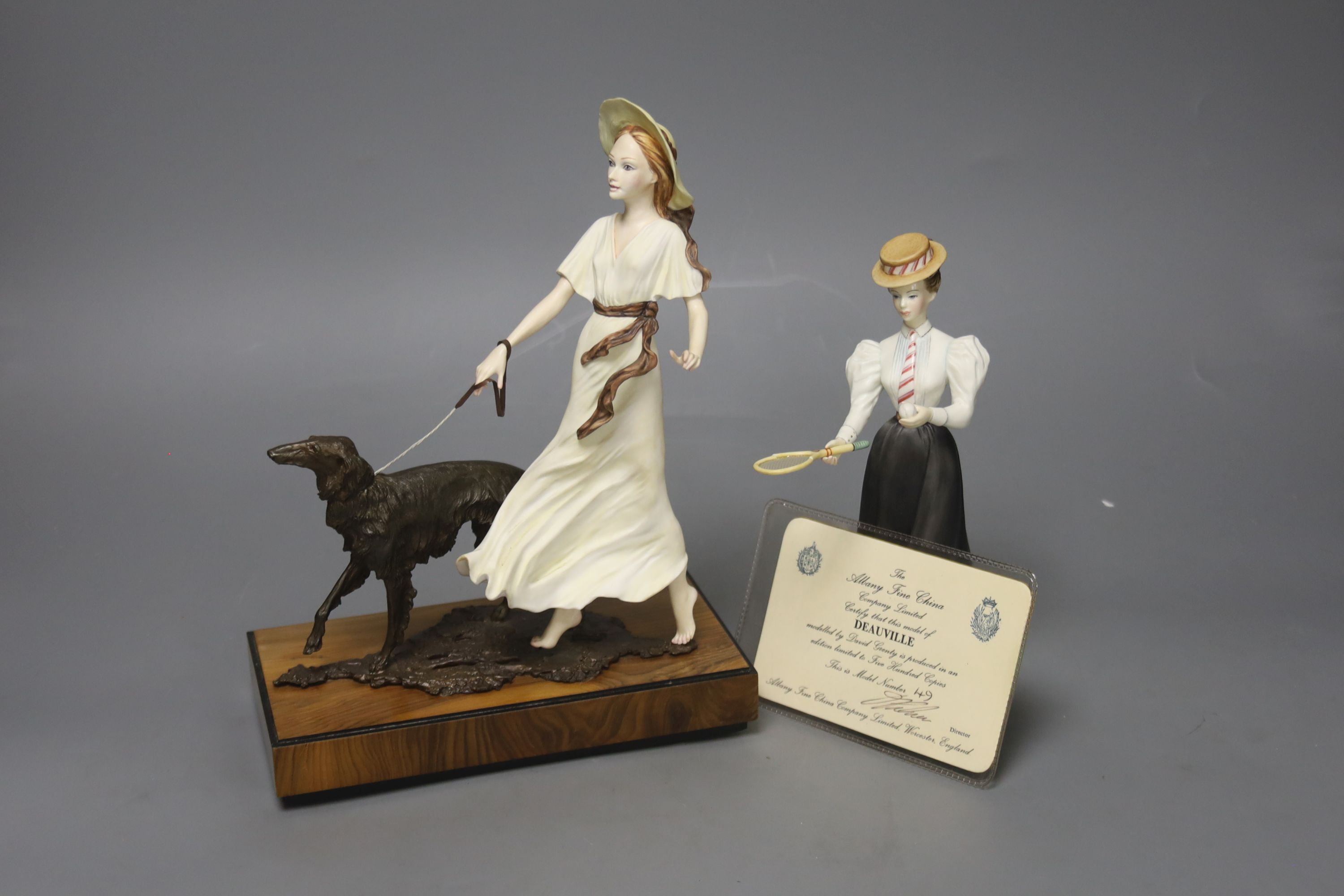 An Albany Fine China Deauville ceramic and bronze group of a girl with borzoi on walnut and ebonised rectangular plinth and a figure of 'Marion'